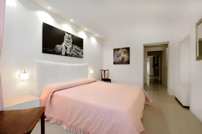 a bedroom with a pink bed and a tv on the wall at Ludovisi Barberini Grand Apartment in Rome