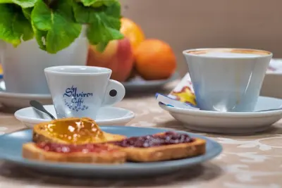 a table with a plate of food and two cups of coffee at Hotel Balilla in Rome