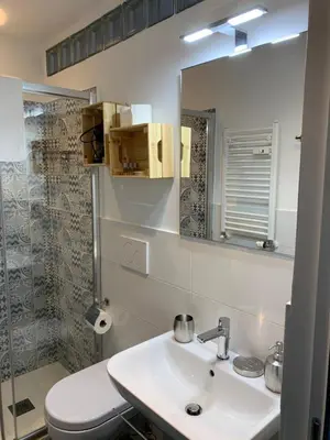 a bathroom with a sink and a mirror and a shower at La Casetta del Flaminio a Roma Centro in Rome