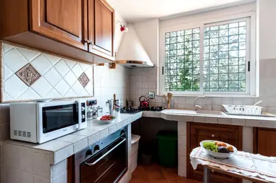 a kitchen with a microwave and a sink at Mons Aureus Resort in Rome
