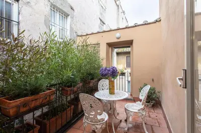 a patio with a table and chairs and plants at Gambero Apartments in Rome