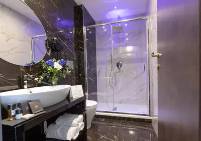 a bathroom with a shower and a sink and a toilet at NEMAN Maison Experience I Pantheon in Rome