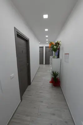 a corridor of an office with doors and flowers at AFFITTACAMERE A CASA MIA in Rome