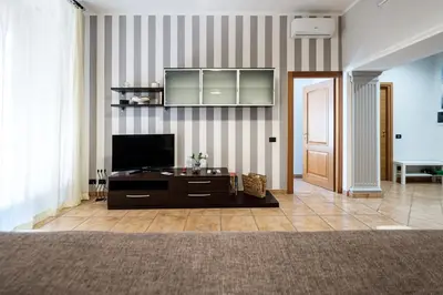 a living room with a flat screen tv on a striped wall at Magna Domus in Rome