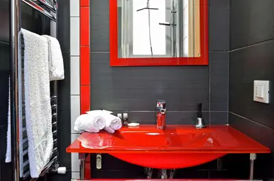 a bathroom with a red sink and a red mirror at G&G Trastevere in Rome