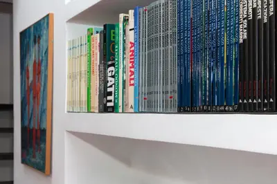 a shelf of books on a wall at L’ARTSHOP in Rome
