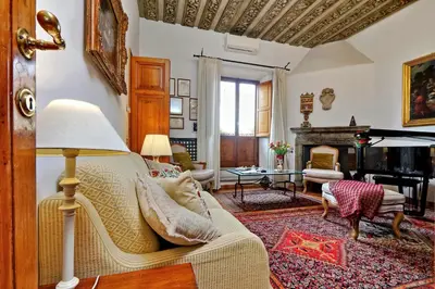 a living room with a couch and a fireplace at TreasureRome Daphne Terrace in Rome