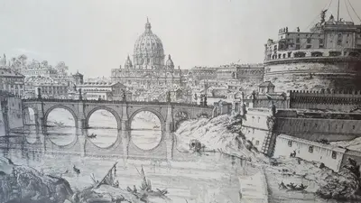 a drawing of a city with a bridge and a building at Casa di Walter al Pigneto in Rome