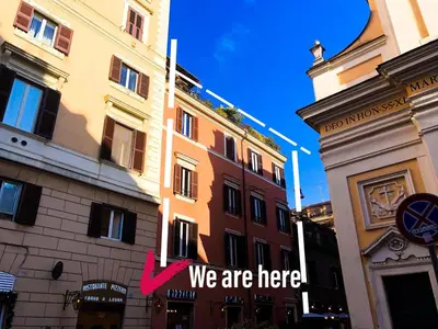 a group of buildings with a sign that says we are here at Romantico appartamento a Trastevere in Rome