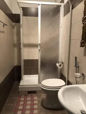 a bathroom with a shower with a toilet and a sink at Rome's Best Holidays Guest House in Rome
