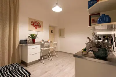 a kitchen with a counter and a desk with chairs at DOMUS FORTUNAE VATICANO in Rome