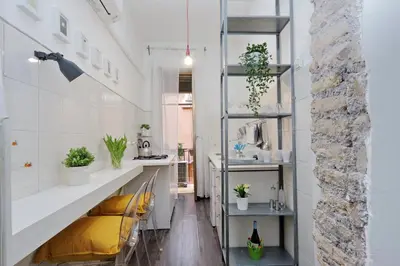 a kitchen with white walls and a counter with plants at Urbana Delicious Flat in Rome