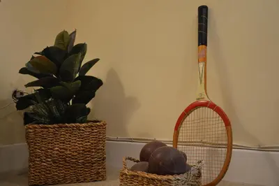 a tennis racket and a basket of fruit next to a plant at Paola A Trastevere in Rome