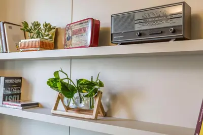 a shelf with a tv and a plant and books at Casa Epiro in Rome