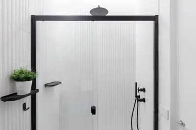 a shower with a glass door with a plant on a shelf at Twin Flowers apartment in San Giovanni in Rome