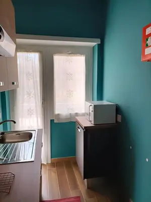 a kitchen with blue walls and a counter with a microwave at Colombo Holidays APT in Rome