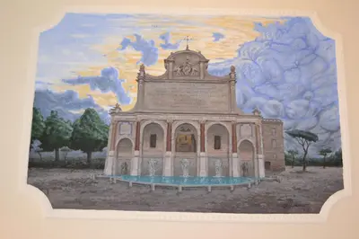 a painting of a building in front of a mural at Sleep In Rome Ludovisi in Rome