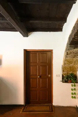 a brown door in a white wall with a plant at Trust-Trastevere in Rome
