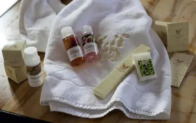 a towel with bottles of essential oils and medicines on a table at Hotel Columbia in Rome