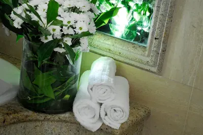 a vase of flowers and towels on a counter with a mirror at Pinewood Hotel Rome in Rome
