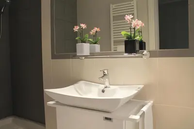 a bathroom with a sink and a mirror and flowers at Hotel Villa Delle Rose in Rome