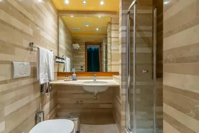 a bathroom with a sink and a toilet and a shower at Hotel Tritone in Rome