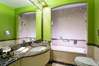 a bathroom with green walls and a sink and a toilet at Hotel dei Mellini in Rome