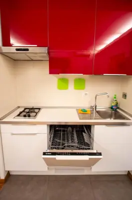 a kitchen with red cabinets and a sink at Saint Peter Apartment in Rome