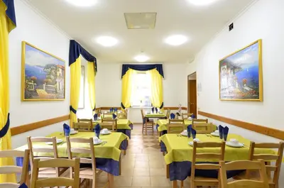 a restaurant with tables and chairs in a room at Hotel Tex in Rome