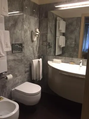 a bathroom with a sink and a toilet and a mirror at Augustana House and Suites in Rome
