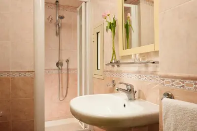 a bathroom with a sink and a shower at Hotel Patria in Rome