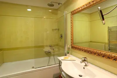 a bathroom with a sink and a shower and a mirror at Hotel Serena srl in Rome