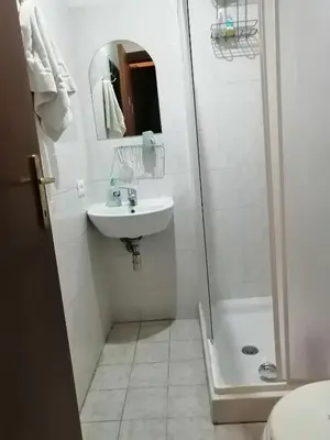 a white bathroom with a sink and a shower at Roma Prince Inn accommodation in Rome