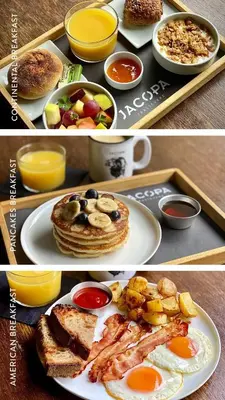 a collage of two pictures of breakfast plates of food at Hotel San Francesco in Rome