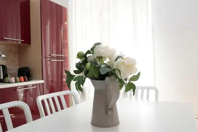 a vase with white flowers sitting on a kitchen counter at Cardinal Vatican Inn in Rome