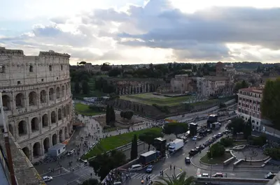 an aerial view of a city with the coliseum at Domus Chiara al Colosseo in Rome