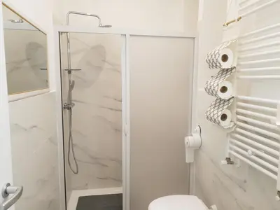 a white bathroom with a shower and a toilet at OFFICINALE Rome Apartment, Pineta Sacchetti in Rome
