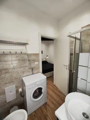 a bathroom with a washing machine and a sink at Moderno appartamento Cornelia-San Pietro con Giardino in Rome