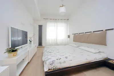 a white bedroom with a bed and a flat screen tv at Casina degli Eroi in Rome