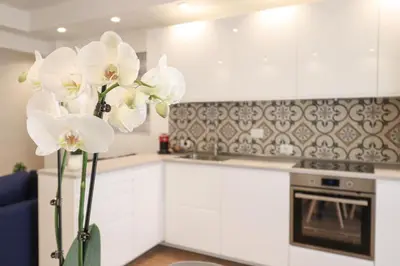 a kitchen with white cabinets and white flowers in a vase at Ziani 5 Rome Vatican Apartment in Rome