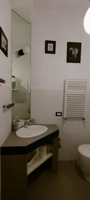 a bathroom with a sink and a toilet and a mirror at Appartamento Musei Vaticani in Rome