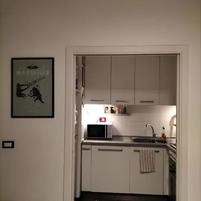 a kitchen with white cabinets and a microwave at Appartamento Musei Vaticani in Rome