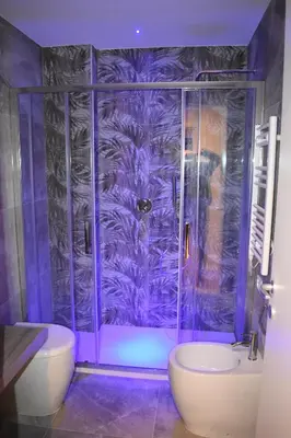 a purple bathroom with a shower and a toilet at Gallery House 59 Guest House in Rome