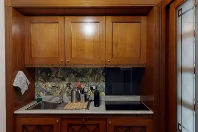 a kitchen with a sink and wooden cabinets at Pietra Papa Suite 99 in Rome