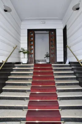 a stairway with a red carpet in front of a door at Roma Clodio Holiday in Rome